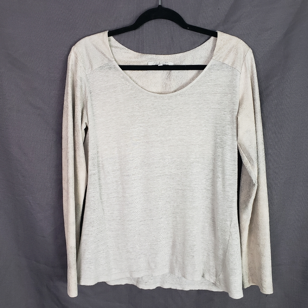 Alexis Women's Linen Faux Leather Panel Long Sleeve Scoop Neck Shirt Top Small